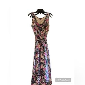 Jessica London sleeveless multicolored A-line maxi dress w/ tie